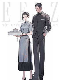 長袖茶樓員工中式工作服-深灰色上衣制服手繪圖