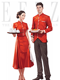 中國風(fēng)酒店中餐廳唐裝紅色系列男女服務(wù)員制服定制設(shè)計圖