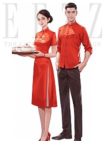 酒樓餐廳火鍋飯店服務(wù)員紅色中式套裝制服定制