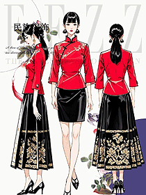 小清新民族風長袖刺繡唐裝立領國風服裝手繪圖