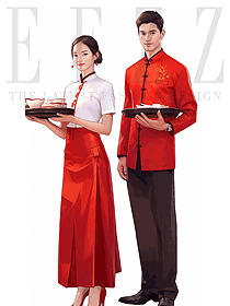 中式傳統(tǒng)復(fù)古風(fēng)餐飲飯店服務(wù)員男女工作服手繪設(shè)計圖