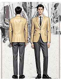 明黃色兩粒扣韓版西服英倫男職業套裝手繪圖