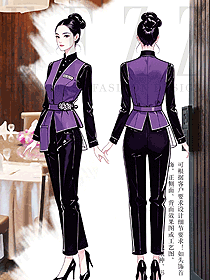 中式餐飲高檔宴會餐廳女服務員紫色套裝制服設計