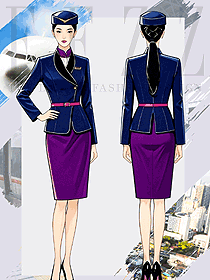 空姐制服職業套裝女春秋藍色上裝紫裙女工作服手繪方案