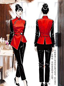 酒店餐飲服務員紅色系藏裝藏服女長裙民族風制服設計圖