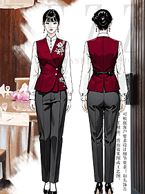 酒樓餐飲服務(wù)生新中式端莊大氣制服紅色盤扣刺繡款