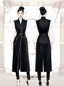 黑色中長款高腰時尚白色撞邊西餐服務員馬甲