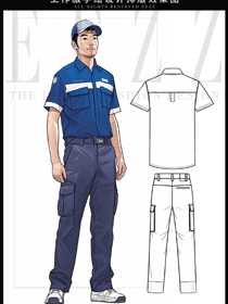 藍色短袖工作服手繪設計排版效果圖