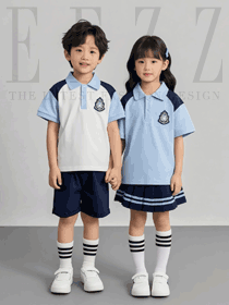 小學生藍白拼色體恤衫校服款式圖