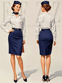 長袖襯衫款藍色西裙空姐制服手繪效果圖
