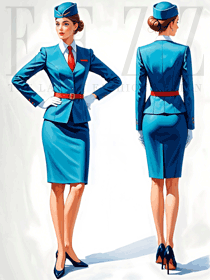 普藍色V領外套款空姐工作服手繪效果圖