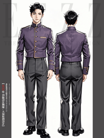 飯店迎賓男服務員紫色制服長袖效果圖