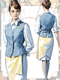 夏季西餐飲服務員工作服長袖襯衫馬甲手繪效果圖
