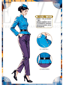 立領(lǐng)藍(lán)色空乘禮儀前臺(tái)接待工作裝手繪圖