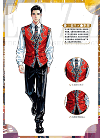 新疆特色飯店服務員民族馬夾工裝手繪圖