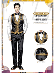 高端酒店服務員黑金色馬夾工作服手繪作品