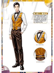 中餐館提花面料土黃色馬夾員工工作服手繪作品