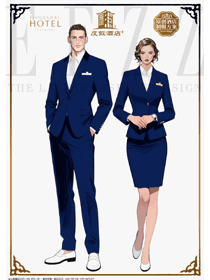 藏藍(lán)套裙：度假酒店賓客關(guān)系助理的工裝設(shè)計(jì)手繪圖